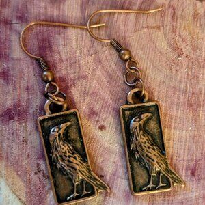 COPPER REGAL RAVEN: Striking copper raven/crow earrings. Antique copper-plated.
